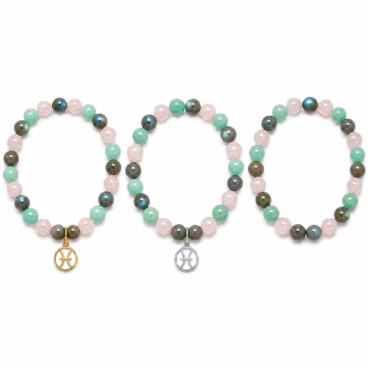 Bracelet astrologique Poissons en Amazonite Labradorite et Quartz rose avec breloque dorée argentée ou sans breloque