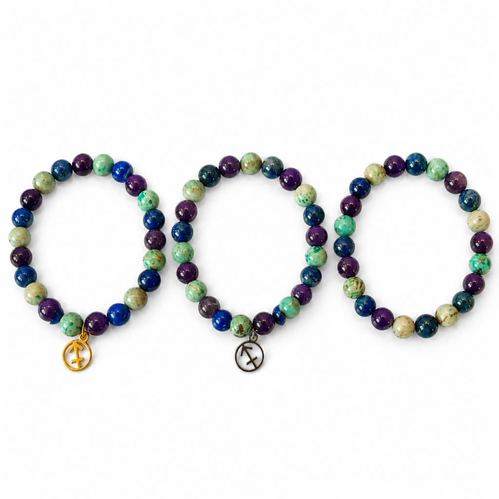 Bracelet astrologique Sagittaire en Lapis-lazuli Améthyste et Turquoise du Pérou avec breloque dorée argentée ou sans