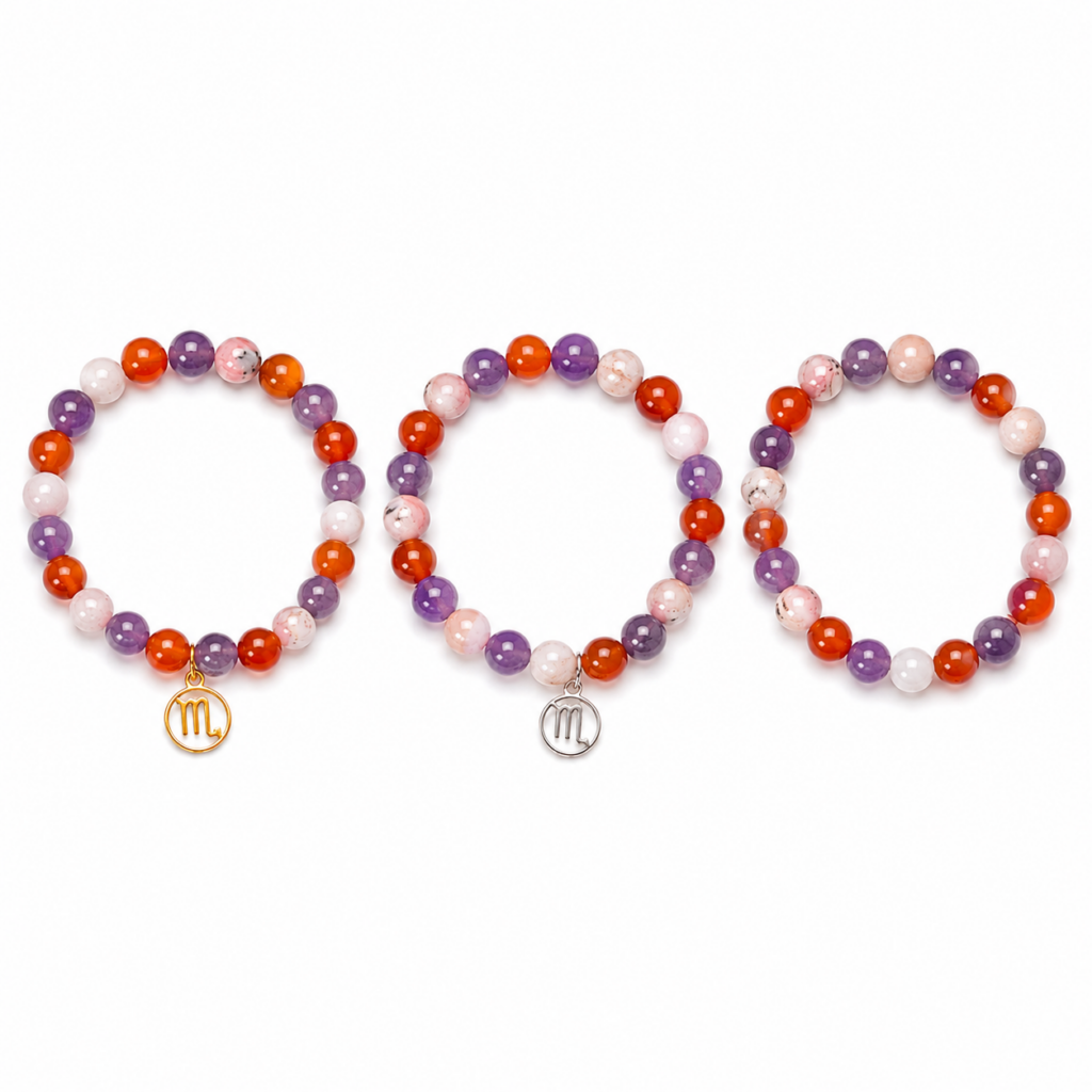 Bracelet astrologique Scorpion en Cornaline Améthyste et Opale rose avec breloque dorée argentée ou sans breloque