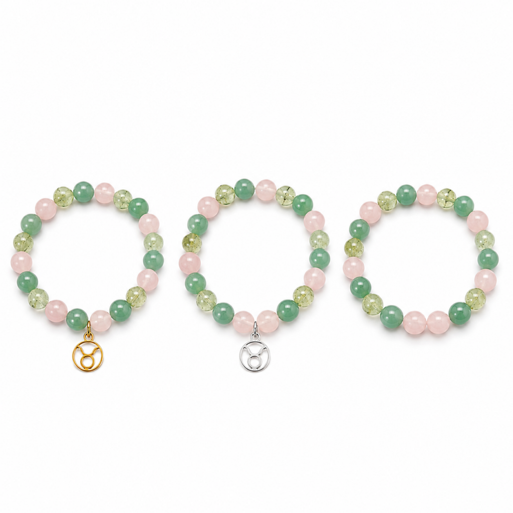 Bracelet astrologique Taureau en Quartz rose Aventurine verte et Préhnite avec breloque dorée argentée ou sans breloque