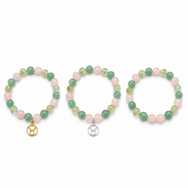 Bracelet astrologique Taureau en Quartz rose Aventurine verte et Préhnite avec breloque dorée argentée ou sans breloque