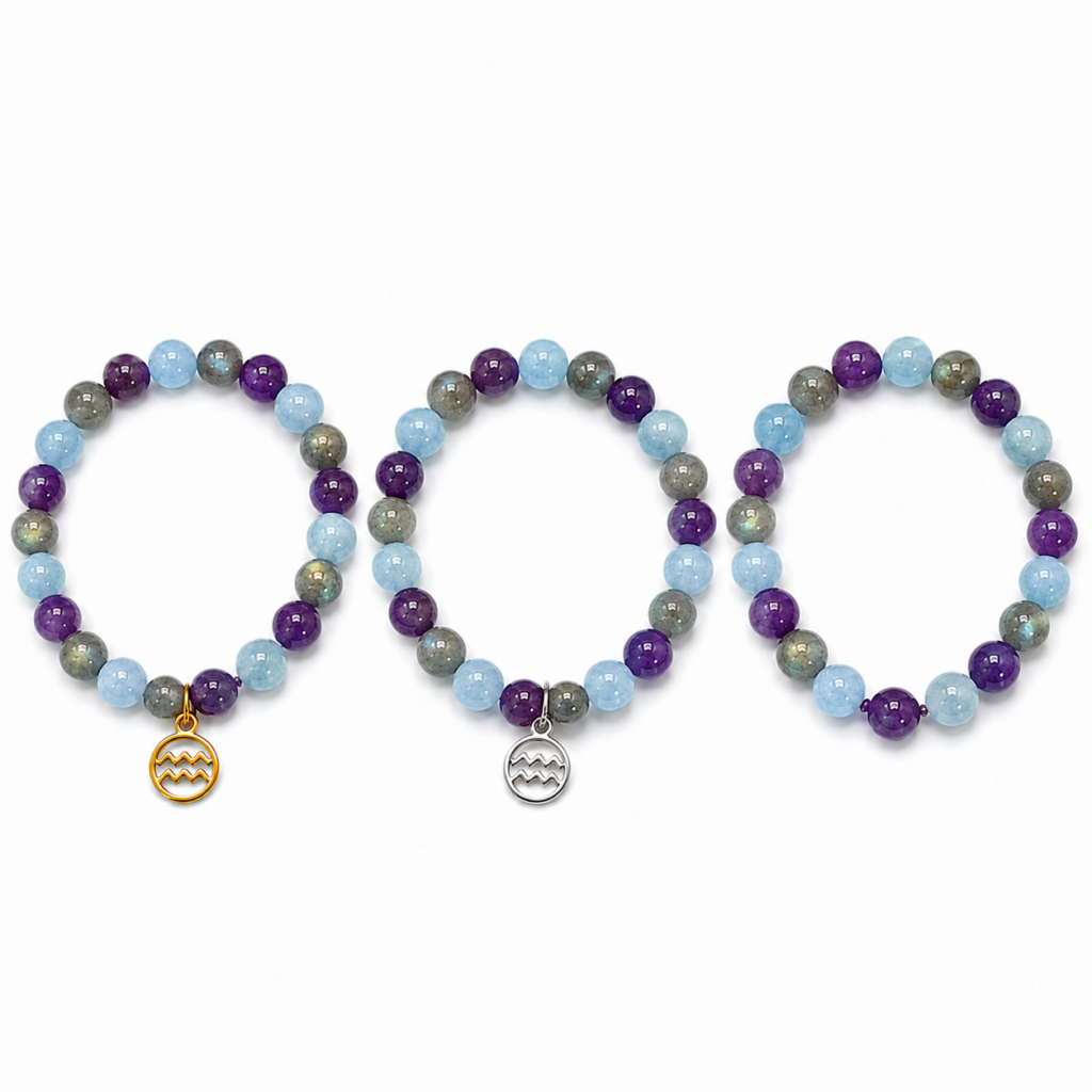 Bracelet astrologique Verseau en Améthyste Aigue-marine et Labradorite avec breloque dorée argentée ou sans