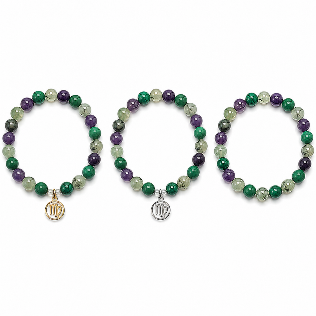 Bracelet astrologique Vierge en Malachite Préhnite et Améthyste avec breloque dorée argentée ou sans breloque