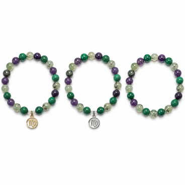 Bracelet astrologique Vierge en Malachite Préhnite et Améthyste avec breloque dorée argentée ou sans breloque