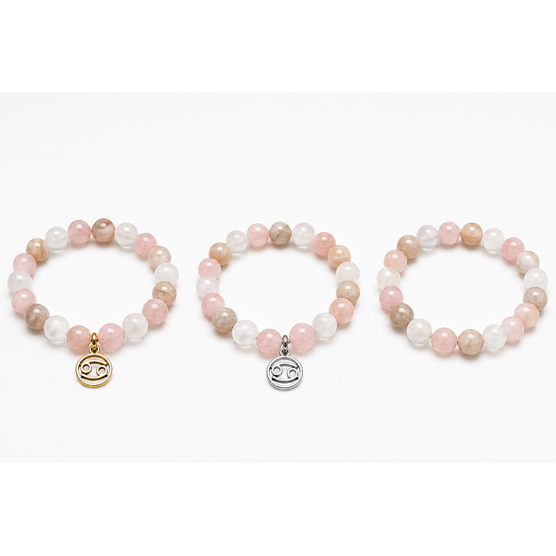 Bracelet astrologique Cancer en Pierre de lune Sélénite et Quartz rose avec breloque dorée argentée ou sans breloque