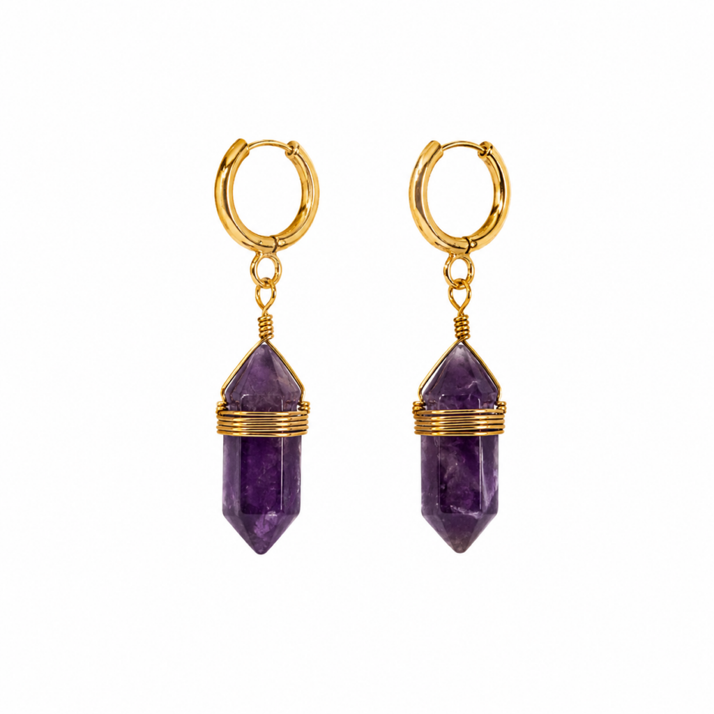 Boucles d’oreilles pendantes en Améthyste naturelle en forme pointe sur acier inoxydable