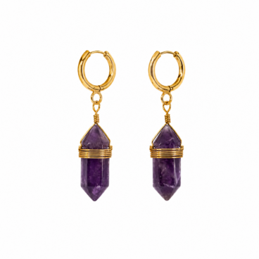 Boucles d’oreilles pendantes en Améthyste naturelle en forme pointe sur acier inoxydable