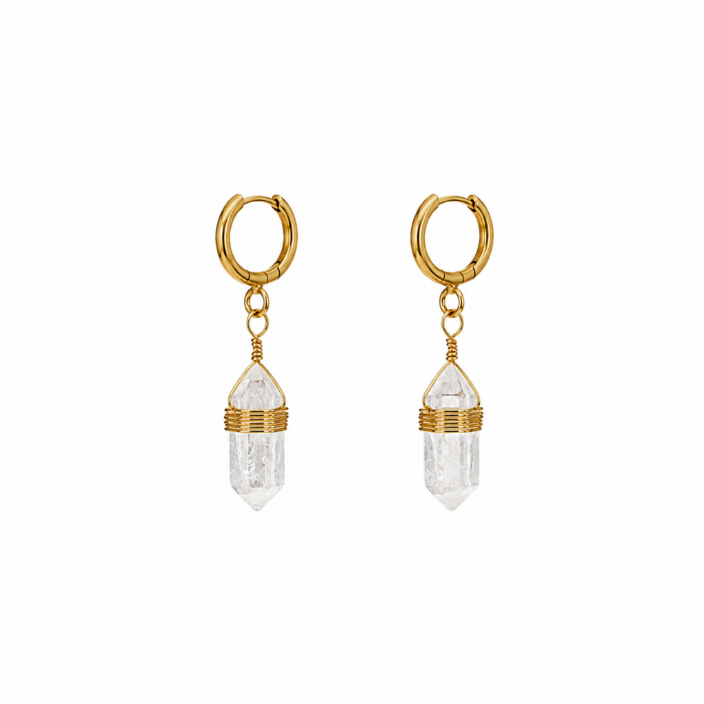 Boucles d’oreilles pendantes en Cristal de roche naturel en forme pointe sur acier inoxydable