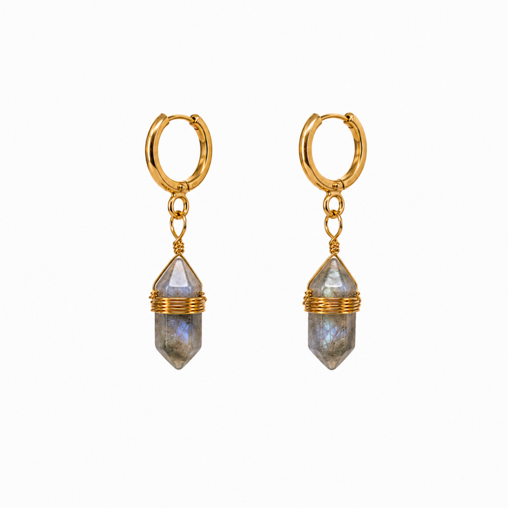 Boucles d’oreilles pendantes en Labradorite en forme pointe sur acier inoxydable d’environ 4 cm