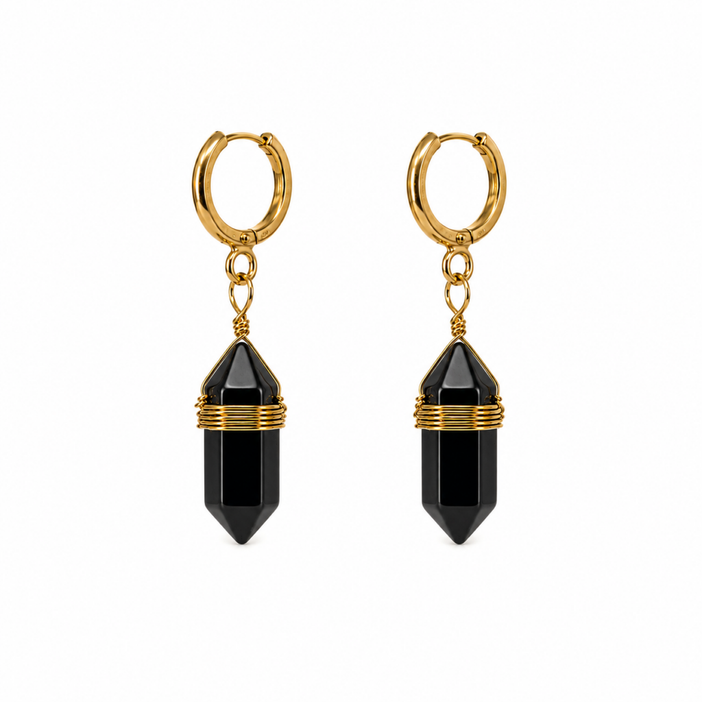 Boucles d’oreilles pendantes en Obsidienne noire en forme pointe sur acier inoxydable