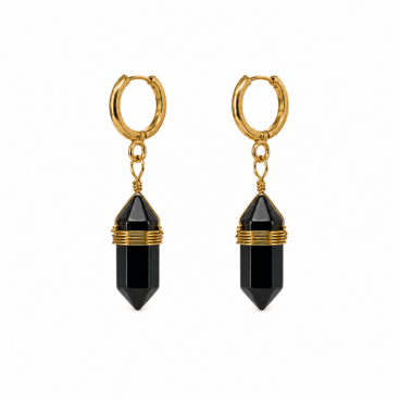 Boucles d’oreilles pendantes en Obsidienne noire en forme pointe sur acier inoxydable