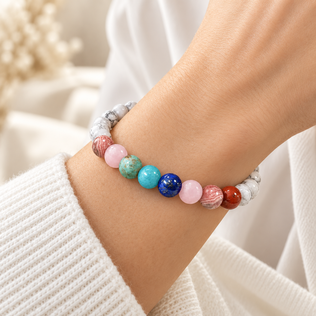 Bracelet Chemin de Vie Howlite porté au poignet femme