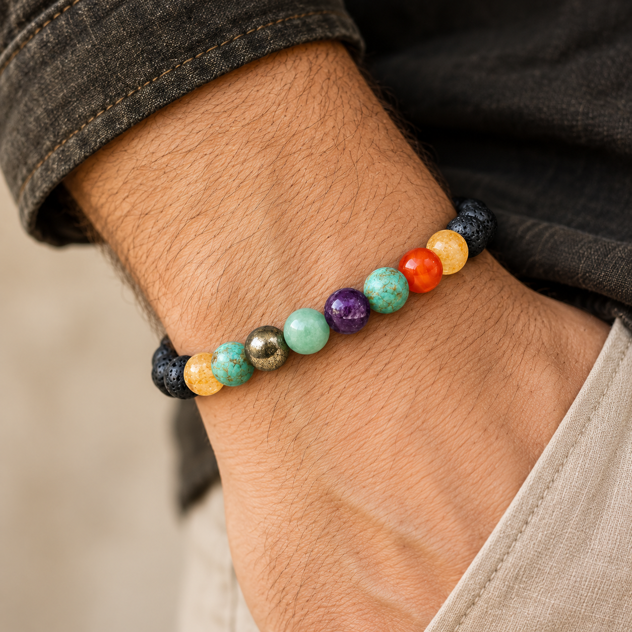 Bracelet Chemin de Vie Pierre de Lave porté au poignet homme