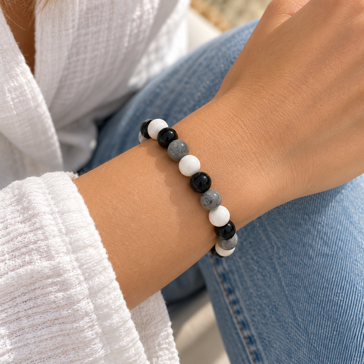 Bracelet protection enfant ado en labradorite tourmaline noire et magnésite pour la rentrée