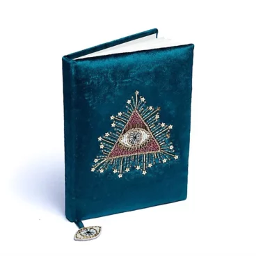 Carnet Œil de Tarot en velours pétrole brodé avec perles décoratives
