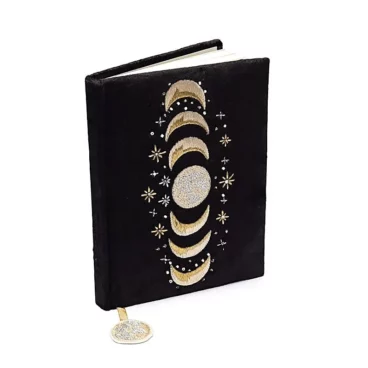 Carnet phases lunaires en velours noir avec broderies dorées et argentées
