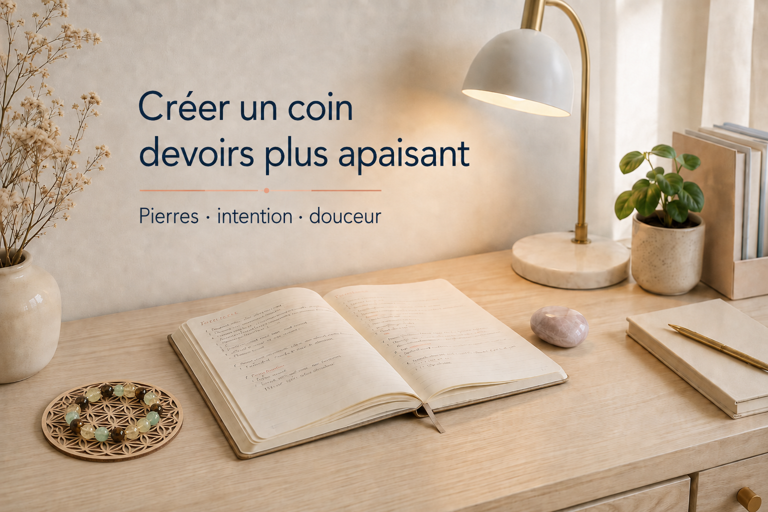 Coin devoirs apaisant avec cahier, bracelet et pierre naturelle posés sur un bureau clair.