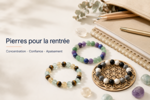 Bracelets en pierres naturelles pour la rentrée avec cahier, trousse et pierres roulées sur fond beige clair