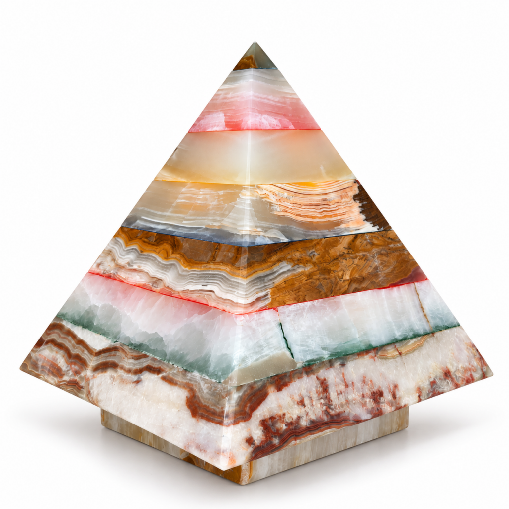 Lampe pyramide en onyx multicolore avec strates naturelles, présentée sur fond blanc