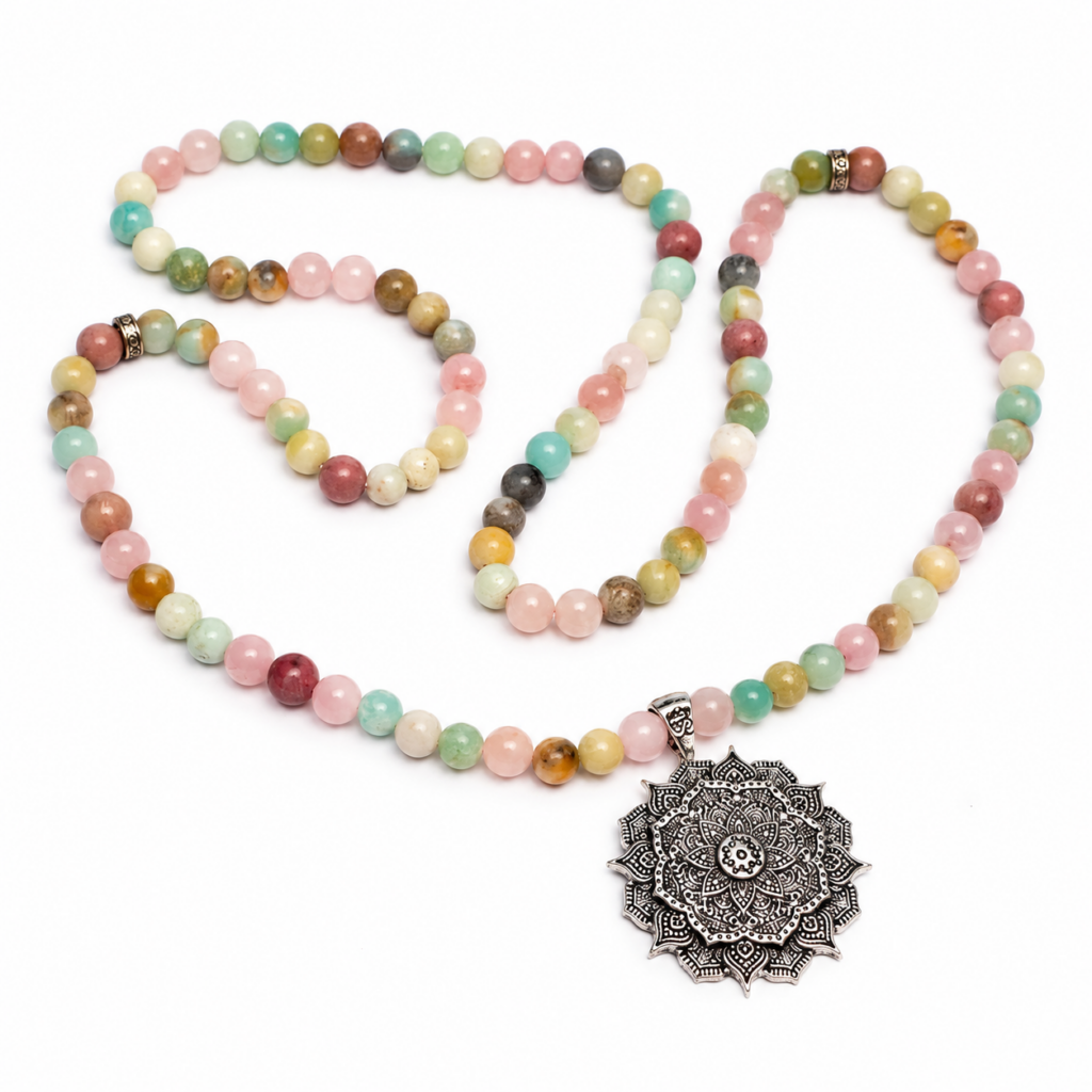 Mala Quartz Rose Amazonite Rhodonite 108 perles avec Lotus