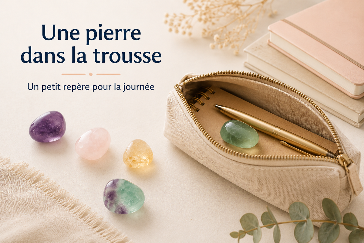 Pierre roulée dans une trousse avec cahier et stylos sur un bureau clair pour accompagner la rentrée scolaire.