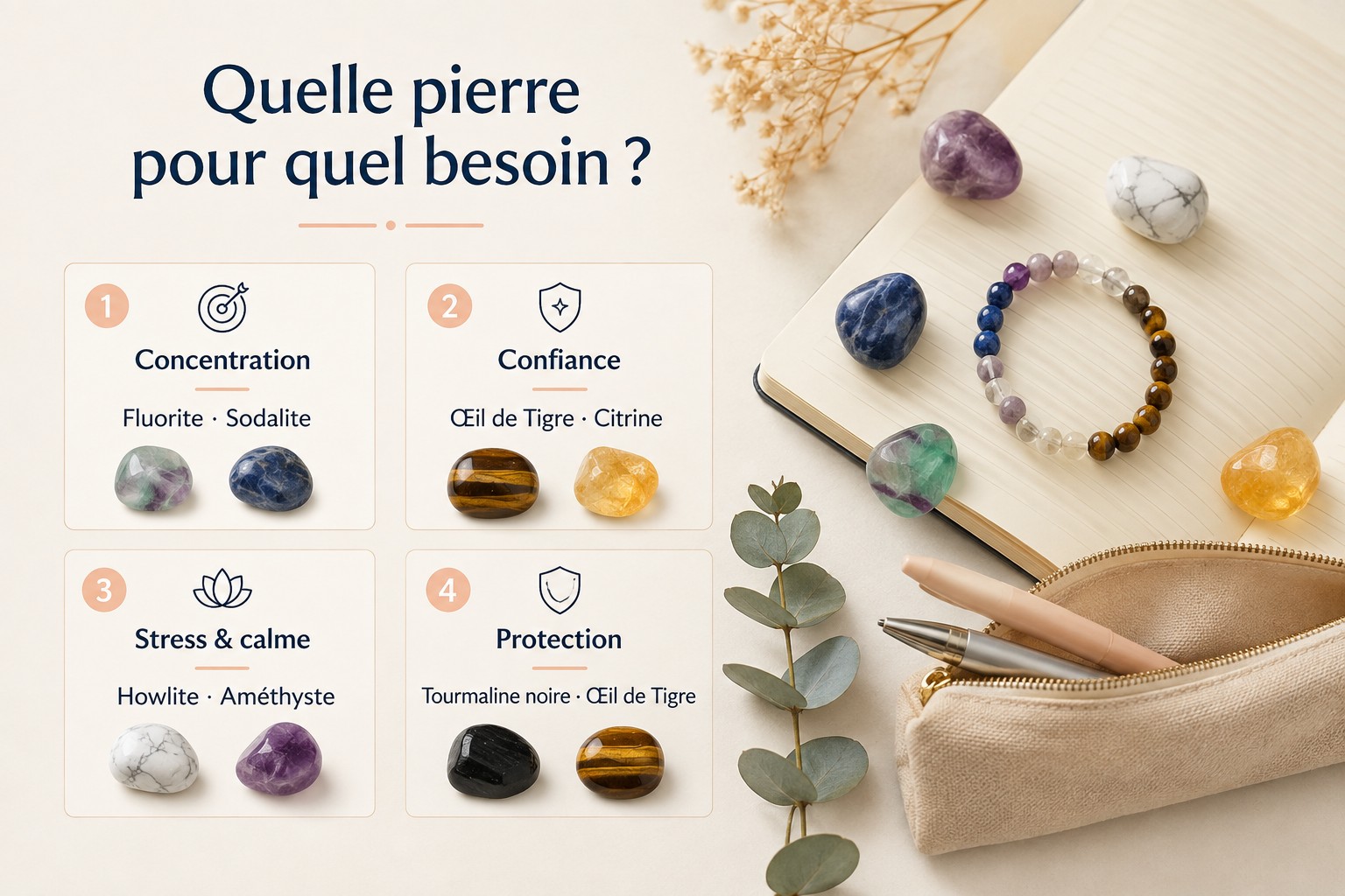 Pierres pour la rentrée avec cahier, trousse, bracelet en pierres naturelles et pierres roulées pour la concentration, la confiance, la protection et l’apaisement.