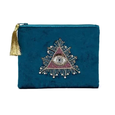 Pochette Œil de Tarot en velours pétrole brodé avec fermeture zippée