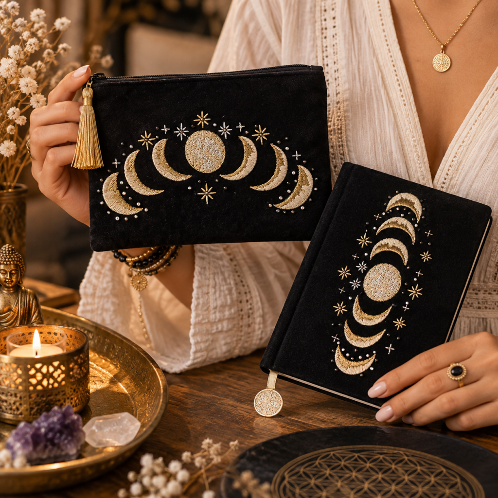 Pochette phases lunaires en velours noir mise en scène avec accessoires spirituels