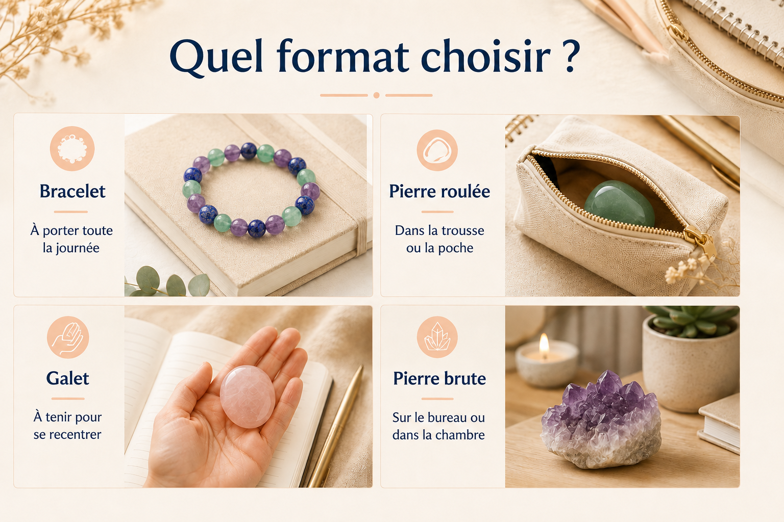 Quel format choisir pour les pierres de rentrée : bracelet, pierre roulée, galet ou pierre brute.