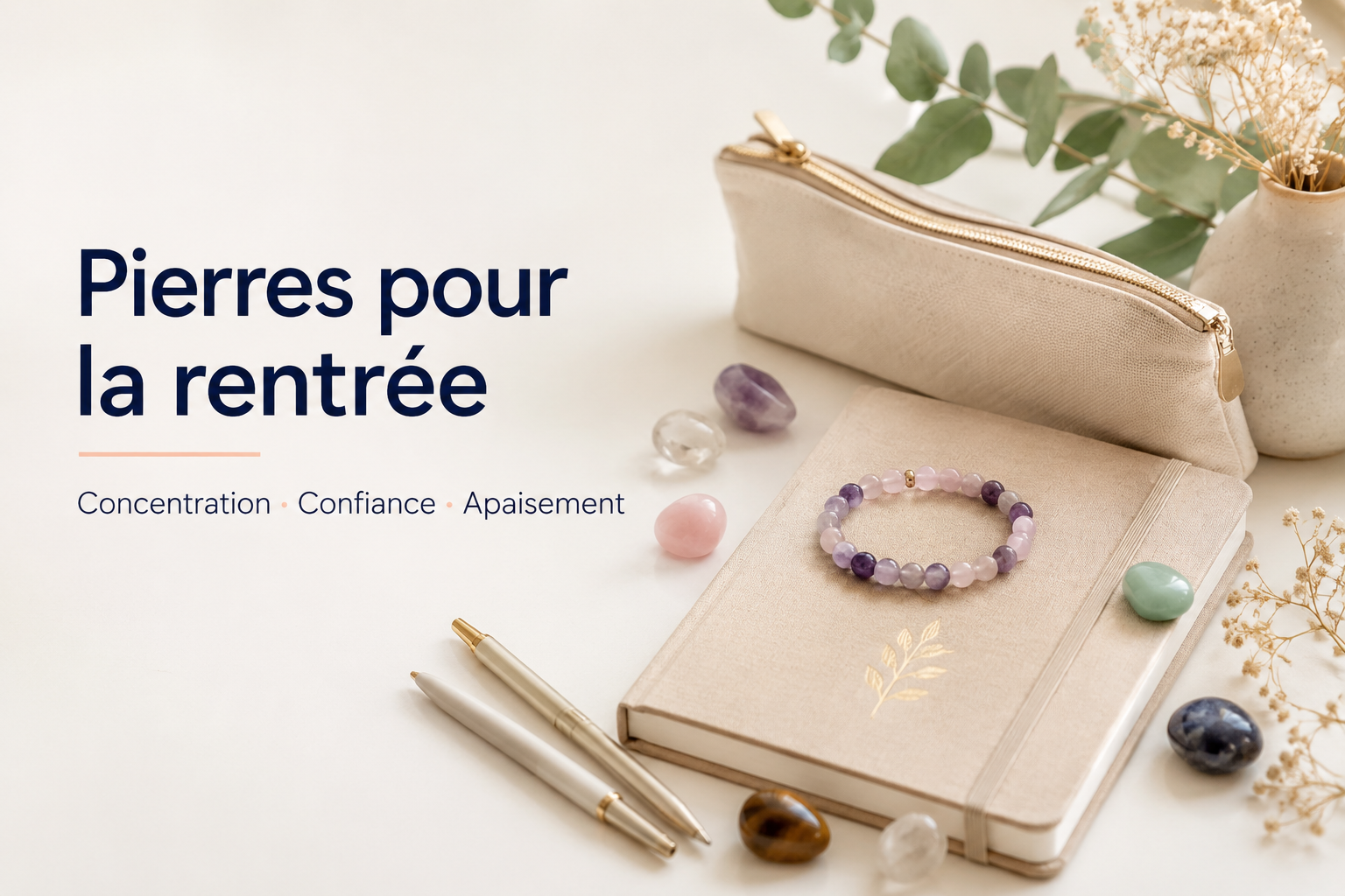 Infographie sur les pierres à choisir pour la rentrée selon le besoin : concentration, confiance, stress, calme et protection.