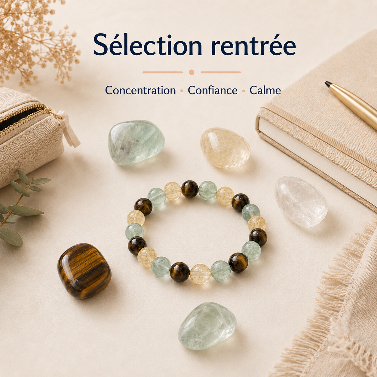Sélection rentrée de bracelets et pierres naturelles pour la concentration, la confiance, le calme et la protection.