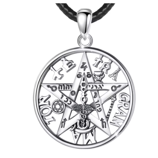 Pendentif Tétragrammaton en argent 925 avec pentagramme à cinq branches, vue de face.