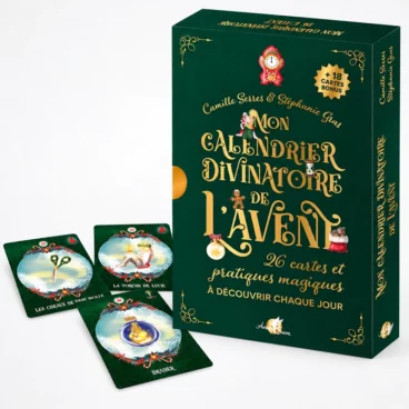 Mon calendrier divinatoire de l'Avent Arcana Sacra, coffret vert avec cartes illustrées, 26 pratiques magiques et 18 cartes bonus.