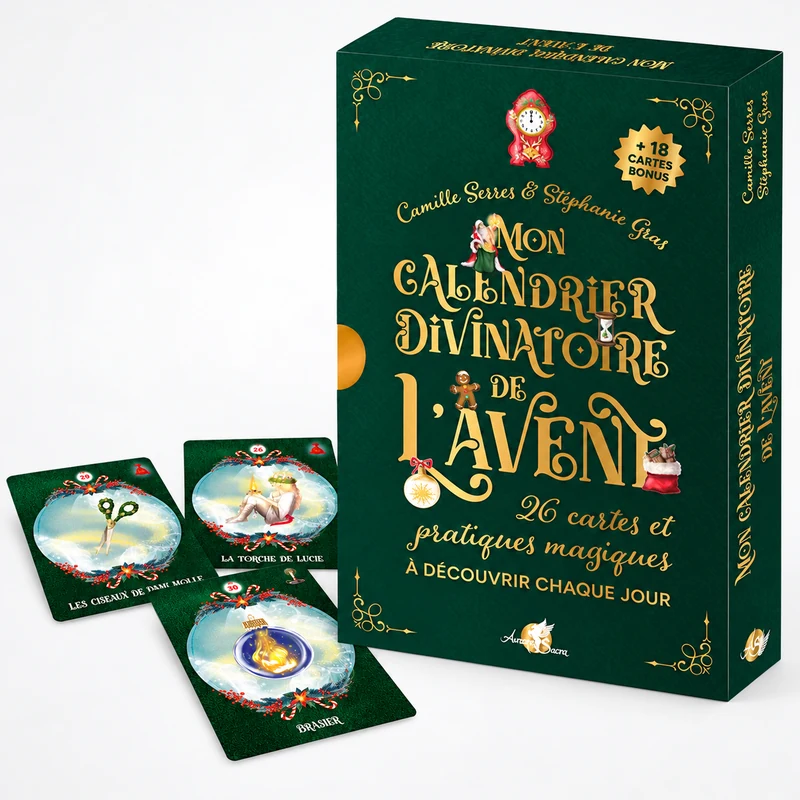 Mon calendrier divinatoire de l'Avent Arcana Sacra, coffret vert avec cartes illustrées, 26 pratiques magiques et 18 cartes bonus.